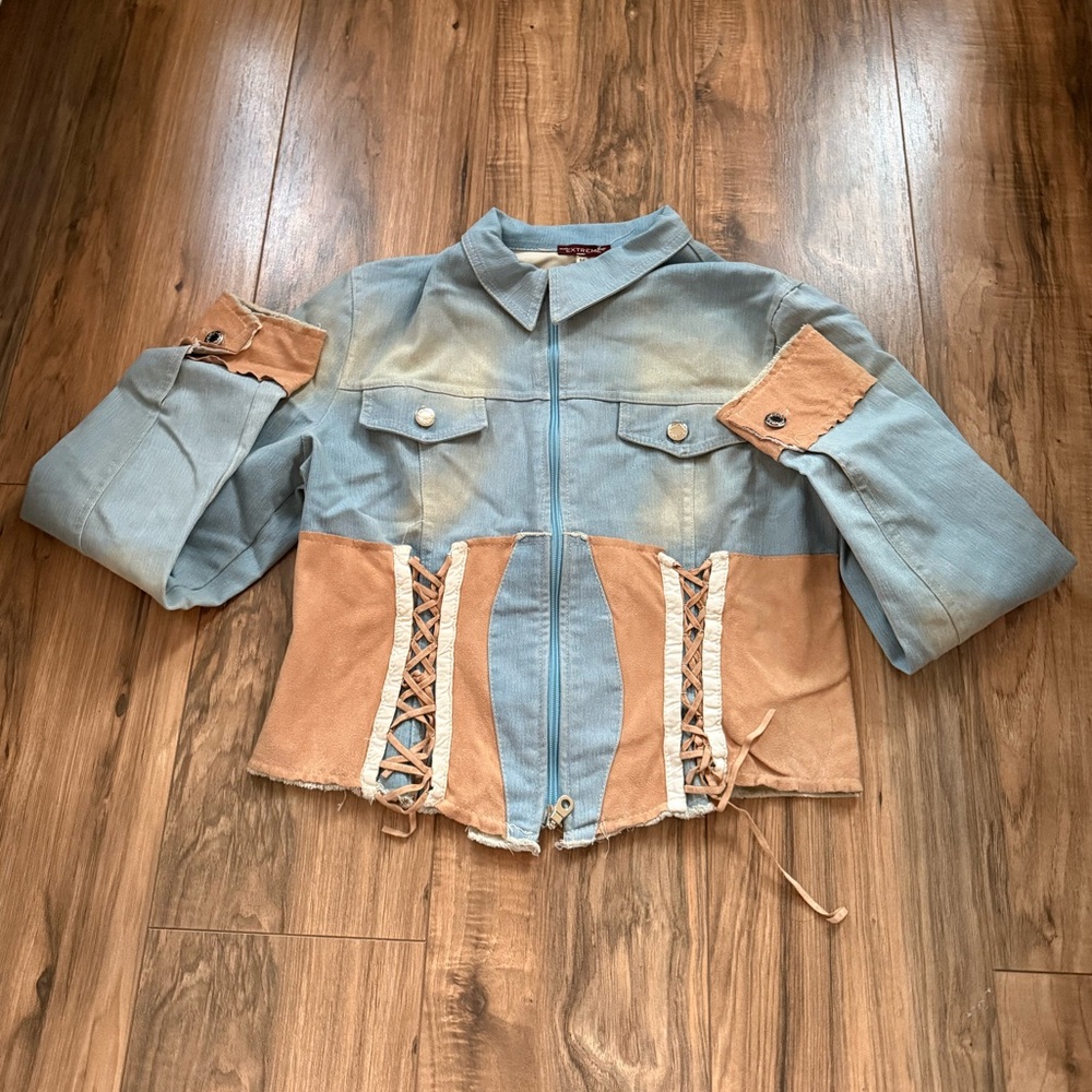 Womens Colorblock Lace-Up Cropped Jacket in Light Blue and Tan